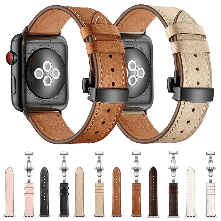 本革＋バタフライブラックバックル交換用ウォッチバンド Apple Watch Series 6 & SE & 5 & 4 40mm / 3 & 2 & 1 38mm用、Apple Watch Series 8&7 41mm / SE 2&6&SE&5&4 40mm / 3&2&1 38mm用ブラックバックル