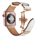 本革＋バタフライローズゴールドバックル交換用ウォッチバンド Apple Watch Series 6 & SE & 5 & 4 40mm / 3 & 2 & 1 38mm用、Apple Watch Series 7 41mm / 6 & SE & 5 & 4 40mm / 3 & 2 & 1 38mm用ローズゴールドバックル