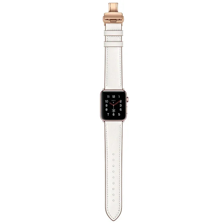 本革＋バタフライローズゴールドバックル交換用ウォッチバンド Apple Watch Series 6 & SE & 5 & 4 40mm / 3 & 2 & 1 38mm用、Apple Watch Series 7 41mm / 6 & SE & 5 & 4 40mm / 3 & 2 & 1 38mm用ローズゴールドバックル