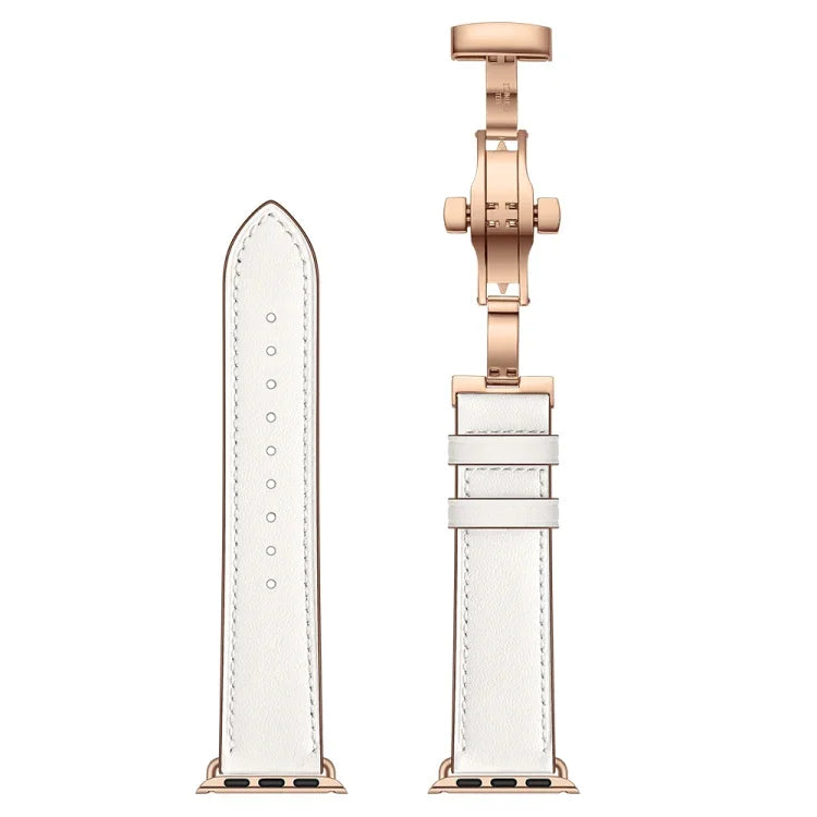 本革＋バタフライローズゴールドバックル交換用ウォッチバンド Apple Watch Series 6 & SE & 5 & 4 40mm / 3 & 2 & 1 38mm用、Apple Watch Series 7 41mm / 6 & SE & 5 & 4 40mm / 3 & 2 & 1 38mm用ローズゴールドバックル