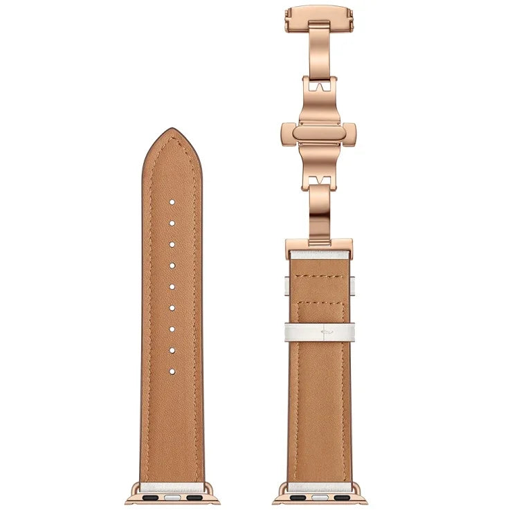 本革＋バタフライローズゴールドバックル交換用ウォッチバンド Apple Watch Series 6 & SE & 5 & 4 40mm / 3 & 2 & 1 38mm用、Apple Watch Series 7 41mm / 6 & SE & 5 & 4 40mm / 3 & 2 & 1 38mm用ローズゴールドバックル