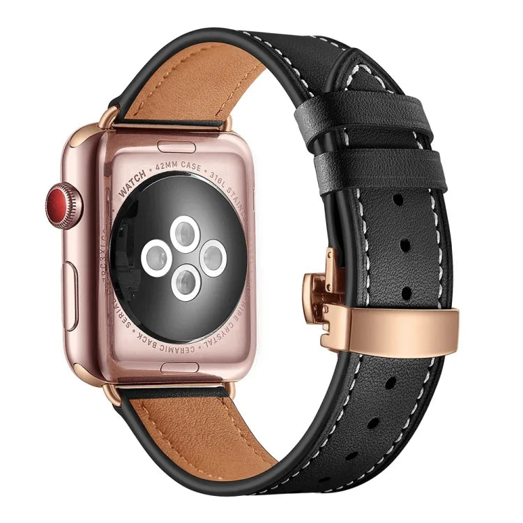 本革＋バタフライローズゴールドバックル交換用ウォッチバンド Apple Watch Series 6 & SE & 5 & 4 40mm / 3 & 2 & 1 38mm用、Apple Watch Series 7 41mm / 6 & SE & 5 & 4 40mm / 3 & 2 & 1 38mm用ローズゴールドバックル