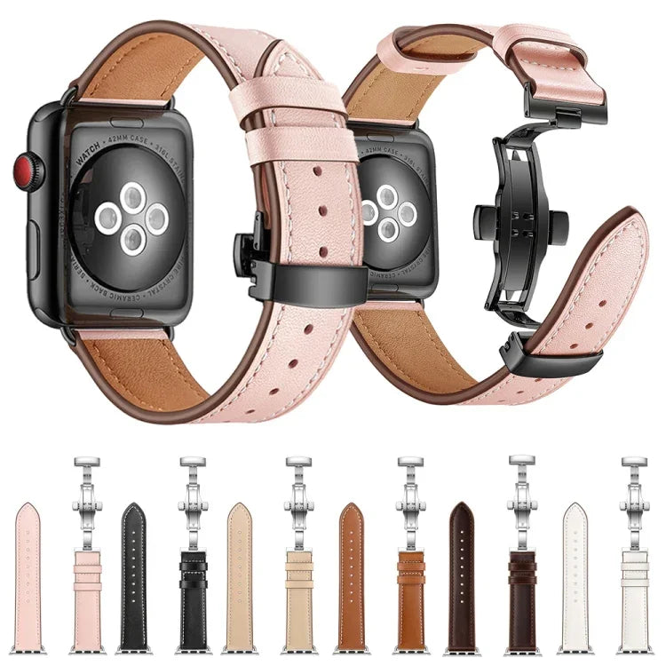 本革＋バタフライローズゴールドバックル交換用ウォッチバンド Apple Watch Series 6 & SE & 5 & 4 40mm / 3 & 2 & 1 38mm用、Apple Watch Series 7 41mm / 6 & SE & 5 & 4 40mm / 3 & 2 & 1 38mm用ローズゴールドバックル