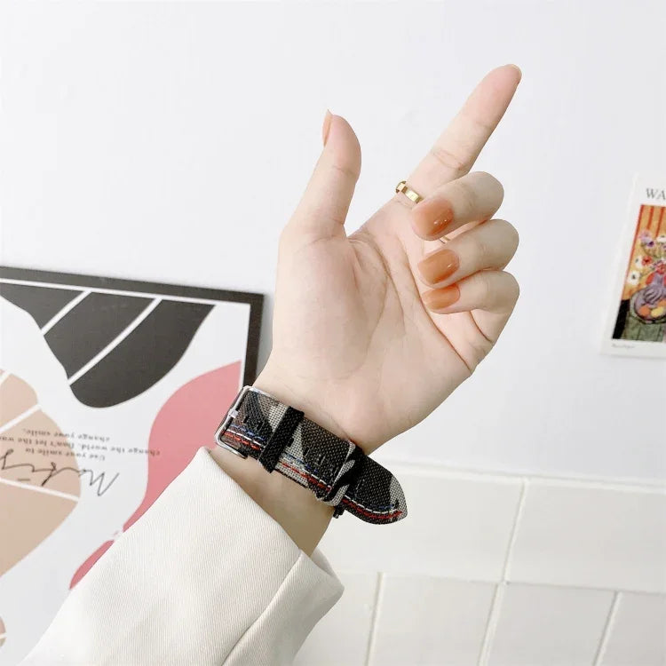 三本線キャンバス交換用ストラップ時計バンド、Apple Watch シリーズ7 41mm / 6＆SE＆5＆4 40mm用、Apple Watch シリーズ7 45mm / 6＆SE＆5＆4 44mm用