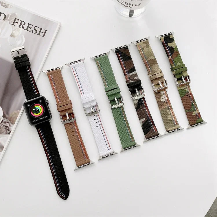 三本線キャンバス交換用ストラップ時計バンド、Apple Watch シリーズ7 41mm / 6＆SE＆5＆4 40mm用、Apple Watch シリーズ7 45mm / 6＆SE＆5＆4 44mm用