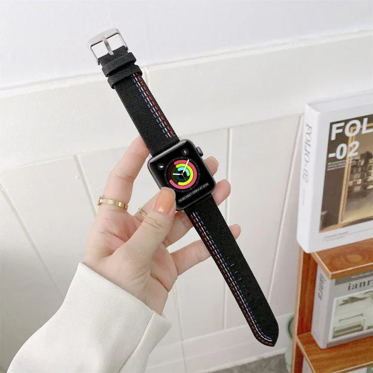 三本線キャンバス交換用ストラップ時計バンド、Apple Watch シリーズ7 41mm / 6＆SE＆5＆4 40mm用、Apple Watch シリーズ7 45mm / 6＆SE＆5＆4 44mm用