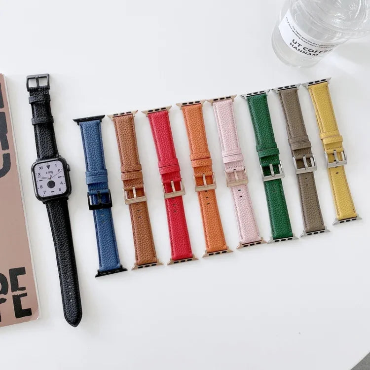 Sewing Thread Lychee Texture Leather Replacement Watchbands, For Apple Watch Ultra 49mm / Series 8&7 45mm / SE 2&6&SE&5&4 44mm / 3&2&1 42mm, For Series 7 41mm / 6 & SE & 5 & 4 40mm / 3 & 2 & 1 38mm