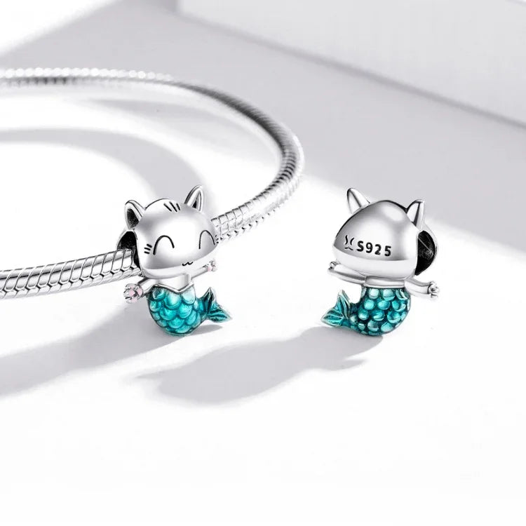 S925スターリングシルバー 猫マーメイドビーズ DIYブレスレット ネックレスアクセサリー、猫マーメイド