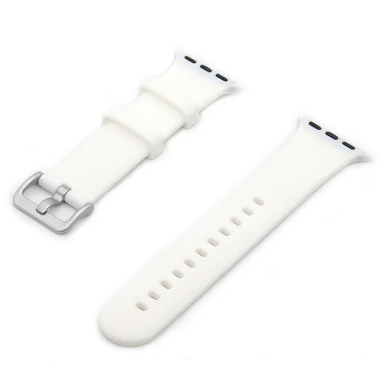 Silver buckle silicone replacement watch strap for Apple Watch Series 7 and other compatible models.