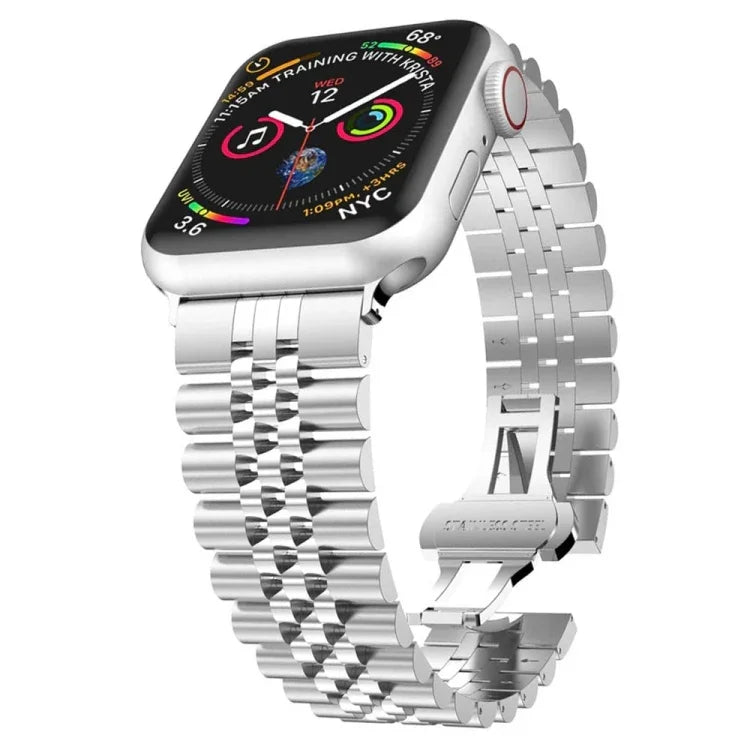 Apple Watch Series 7 45mm / 6 & SE & 5 & 4 44mm / 3 & 2 & 1 42mm、7 41mm / 6 & SE & 5 & 4 40mm / 3 & 2 & 1 38mm 用五珠ステンレススチール交換用ウォッチバンド