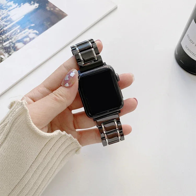 Apple Watch Series 7 45mm / 6 & SE & 5 & 4 44mm / 3 & 2 & 1 42mm、7 41mm / 6 & SE & 5 & 4 40mm / 3 & 2 & 1 38mm 用五珠セラミックスチール交換用ウォッチバンド