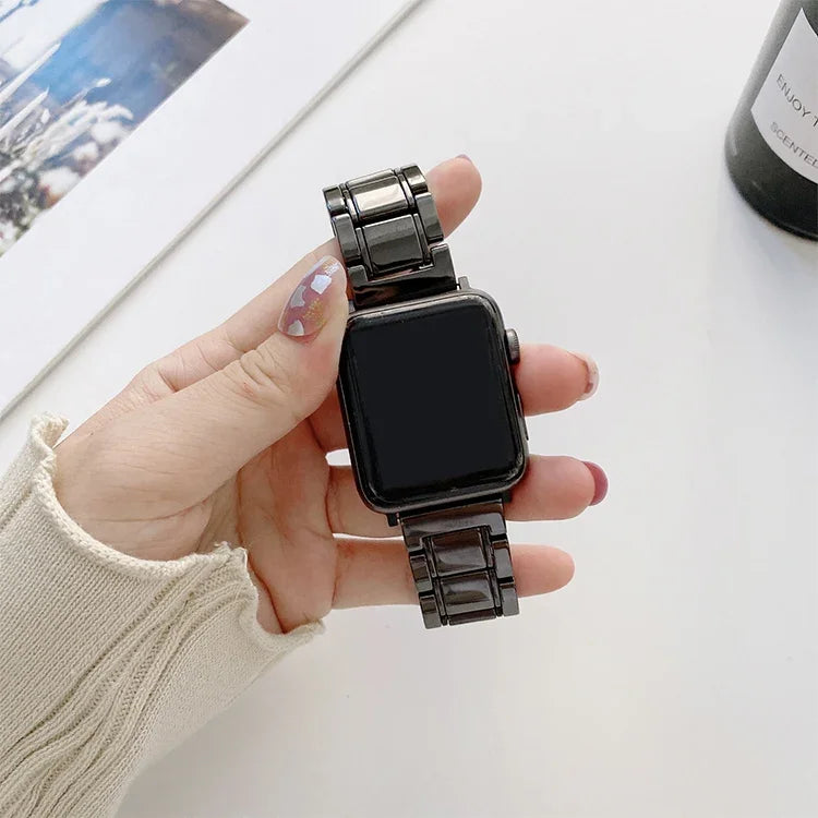 Apple Watch Series 7 45mm / 6 & SE & 5 & 4 44mm / 3 & 2 & 1 42mm、7 41mm / 6 & SE & 5 & 4 40mm / 3 & 2 & 1 38mm 用五珠セラミックスチール交換用ウォッチバンド