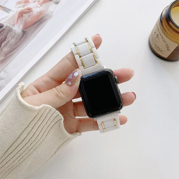 Apple Watch Series 7 45mm / 6 & SE & 5 & 4 44mm / 3 & 2 & 1 42mm、7 41mm / 6 & SE & 5 & 4 40mm / 3 & 2 & 1 38mm 用五珠セラミックスチール交換用ウォッチバンド