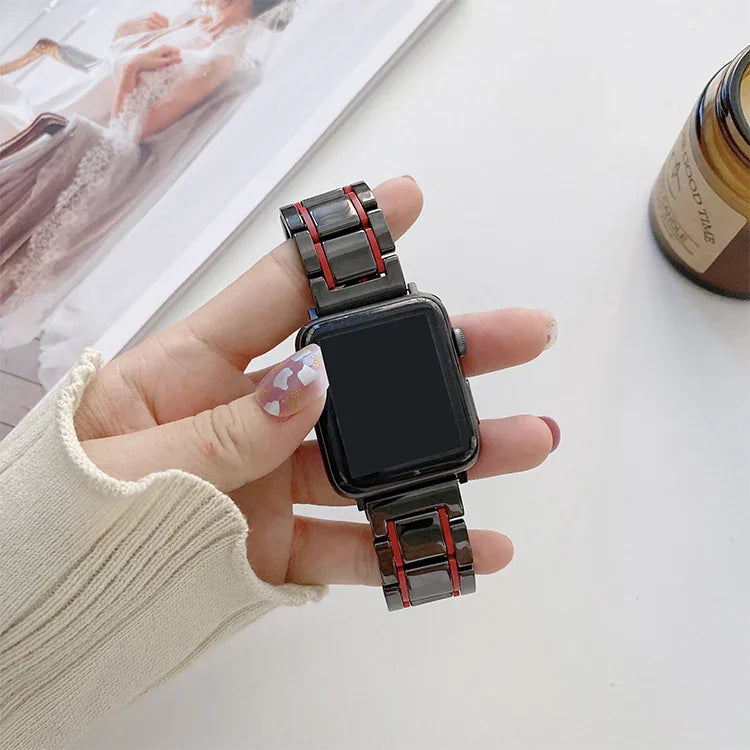 Apple Watch Series 7 45mm / 6 & SE & 5 & 4 44mm / 3 & 2 & 1 42mm、7 41mm / 6 & SE & 5 & 4 40mm / 3 & 2 & 1 38mm 用五珠セラミックスチール交換用ウォッチバンド