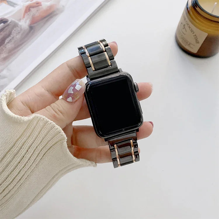 Apple Watch Series 7 45mm / 6 & SE & 5 & 4 44mm / 3 & 2 & 1 42mm、7 41mm / 6 & SE & 5 & 4 40mm / 3 & 2 & 1 38mm 用五珠セラミックスチール交換用ウォッチバンド