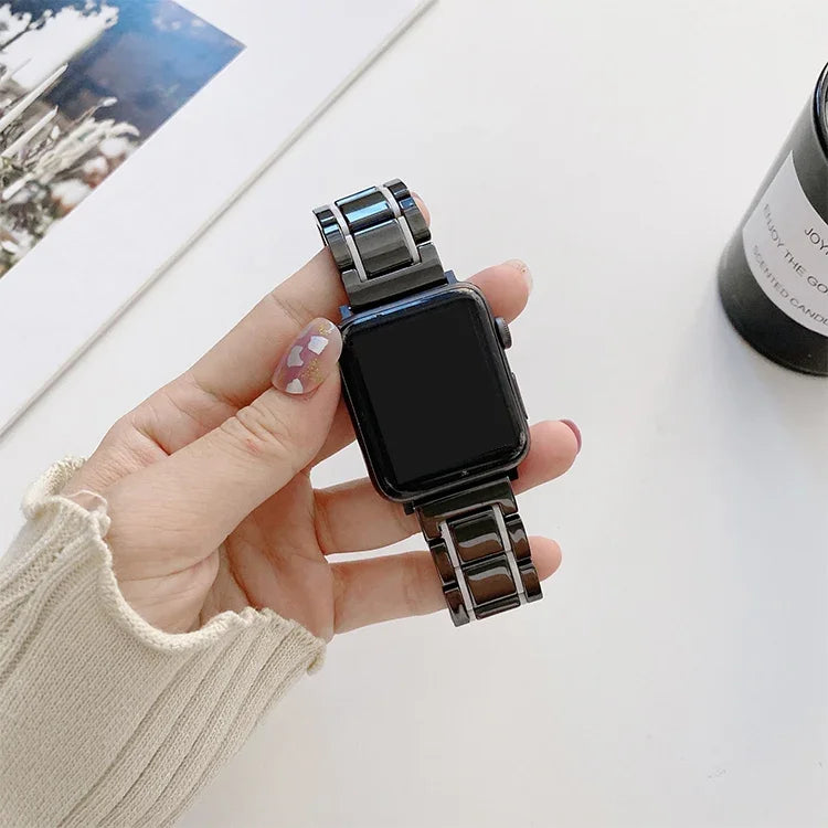 Apple Watch Series 7 45mm / 6 & SE & 5 & 4 44mm / 3 & 2 & 1 42mm、7 41mm / 6 & SE & 5 & 4 40mm / 3 & 2 & 1 38mm 用五珠セラミックスチール交換用ウォッチバンド