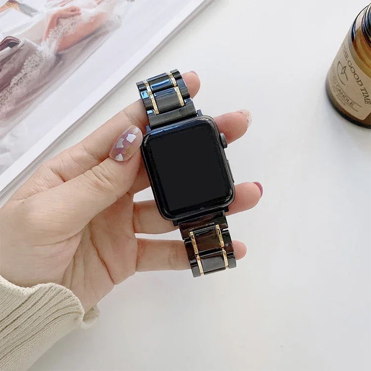 Apple Watch Series 7 45mm / 6 & SE & 5 & 4 44mm / 3 & 2 & 1 42mm、7 41mm / 6 & SE & 5 & 4 40mm / 3 & 2 & 1 38mm 用五珠セラミックスチール交換用ウォッチバンド