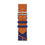 Two-color nylon braid replacement watch strap for Apple Watch in orange and blue.