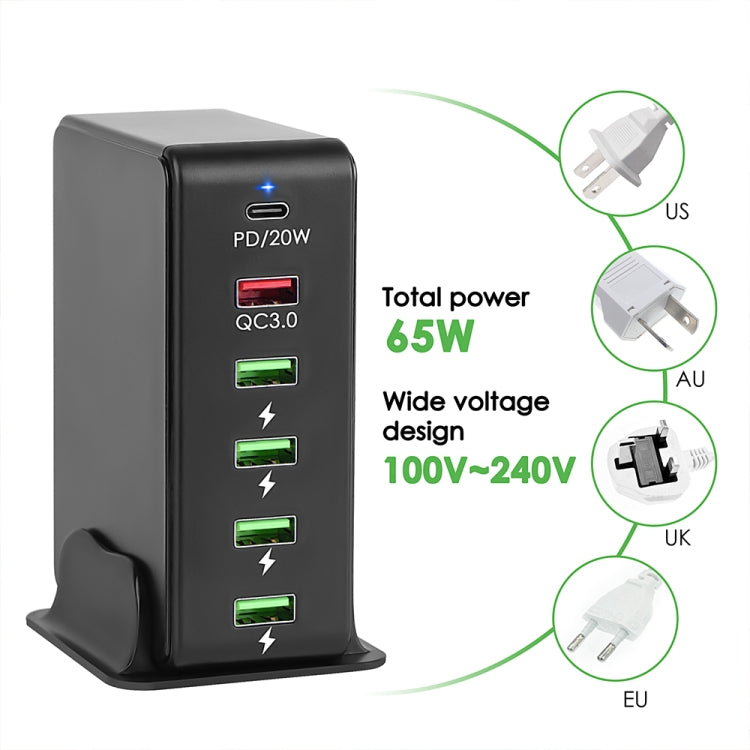 6in1 65W PD USB-C / Type-C + QC 3.0 USB + 4 USB マルチポートトラベルチャージャー、USプラグ、EUプラグ、UKプラグ、AUプラグ