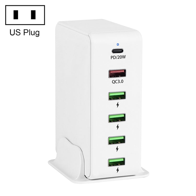 6in1 65W PD USB-C / Type-C + QC 3.0 USB + 4 USB マルチポートトラベルチャージャー、USプラグ、EUプラグ、UKプラグ、AUプラグ