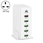 6in1 65W PD USB-C / Type-C + QC 3.0 USB + 4 USB マルチポートトラベルチャージャー、USプラグ、EUプラグ、UKプラグ、AUプラグ