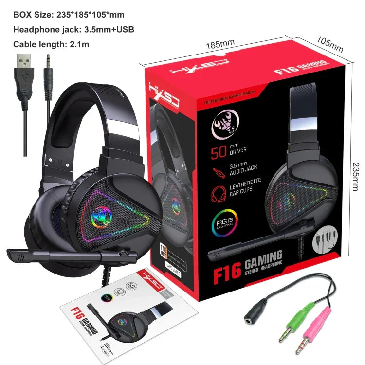 HXSJ F16 3.5mm + USBポート RGBライト ステレオゲーミングヘッドセット マイク付き