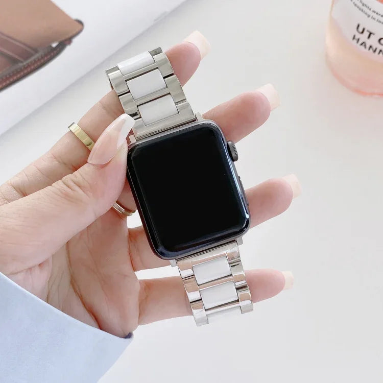 22mm幅三連ビーズセラミックスチール交換ストラップウォッチバンド Apple Watch Series 7 41mm / 6 & SE & 5 & 4 40mm / 3 & 2 & 1 38mm対応、7 45mm / 6 & SE & 5 & 4 44mm / 3 & 2 & 1 42mm対応