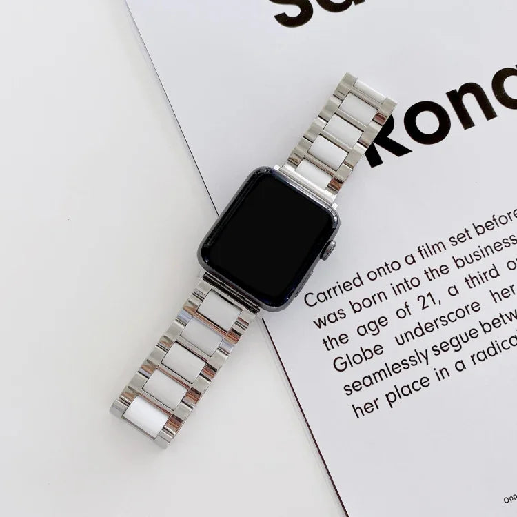 22mm幅三連ビーズセラミックスチール交換ストラップウォッチバンド Apple Watch Series 7 41mm / 6 & SE & 5 & 4 40mm / 3 & 2 & 1 38mm対応、7 45mm / 6 & SE & 5 & 4 44mm / 3 & 2 & 1 42mm対応