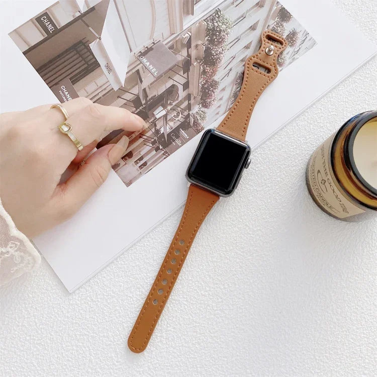 Small Waist 8-shape Reverse Buckle Leather Replacement Strap Watchband For Apple Watch Series, 7 41mm / 6 & SE & 5 & 4 40mm / 3 & 2 & 1 38mm, 7 45mm / 6 & SE & 5 & 4 44mm / 3 & 2 & 1 42mm