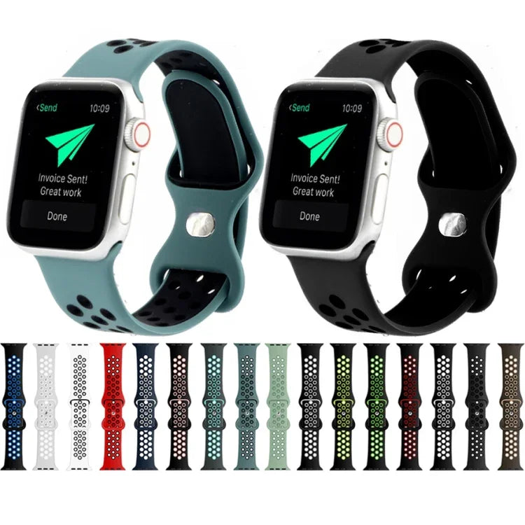 バタフライバックルデュアルトーン液体シリコン交換用ウォッチバンド Apple Watchシリーズ用、7 41mm / 6 & SE & 5 & 4 40mm / 3 & 2 & 1 38mm、7 45mm / 6 & SE & 5 & 4 44mm / 3 & 2 & 1 42mm