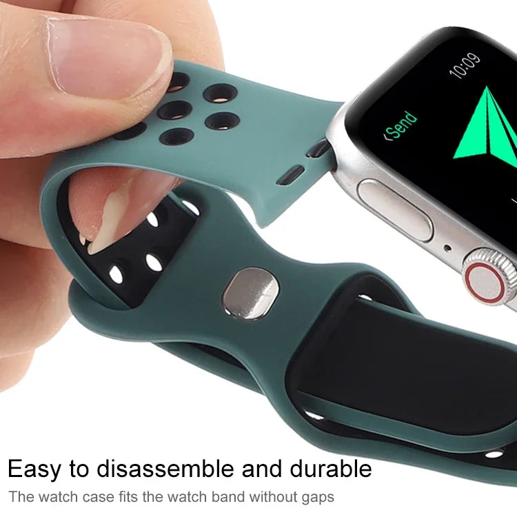 バタフライバックルデュアルトーン液体シリコン交換用ウォッチバンド Apple Watchシリーズ用、7 41mm / 6 & SE & 5 & 4 40mm / 3 & 2 & 1 38mm、7 45mm / 6 & SE & 5 & 4 44mm / 3 & 2 & 1 42mm
