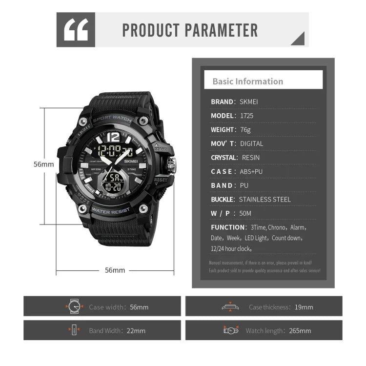 SKMEI 1725 Three Time LED Digital Display Timing Luminous Electronic Watch