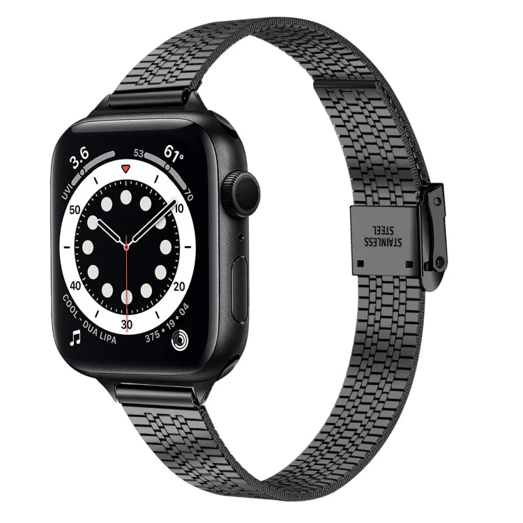 14mm 七粒ダブルセーフティバックルスリムスチール交換用ストラップウォッチバンド、Apple Watch Series 7 41mm / 6 & SE & 5 & 4 40mm / 3 & 2 & 1 38mm、7 45mm / 6 & SE & 5 & 4 44mm / 3 & 2 & 1 42mm用