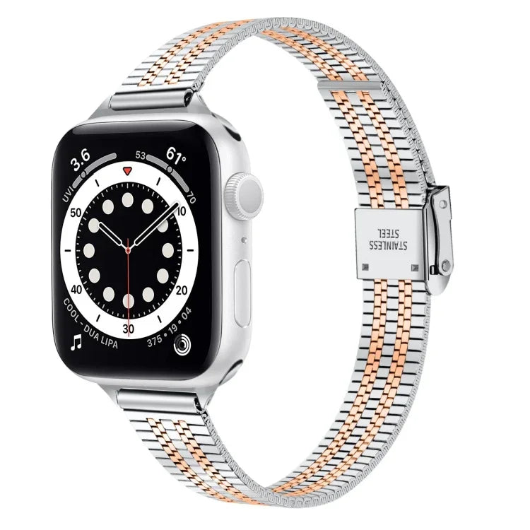 14mm 七粒ダブルセーフティバックルスリムスチール交換用ストラップウォッチバンド、Apple Watch Series 7 41mm / 6 & SE & 5 & 4 40mm / 3 & 2 & 1 38mm、7 45mm / 6 & SE & 5 & 4 44mm / 3 & 2 & 1 42mm用