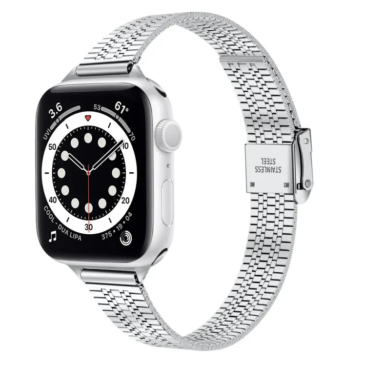 14mm 七粒ダブルセーフティバックルスリムスチール交換用ストラップウォッチバンド、Apple Watch Series 7 41mm / 6 & SE & 5 & 4 40mm / 3 & 2 & 1 38mm、7 45mm / 6 & SE & 5 & 4 44mm / 3 & 2 & 1 42mm用