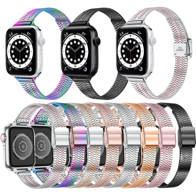 14mm 七粒ダブルセーフティバックルスリムスチール交換用ストラップウォッチバンド、Apple Watch Series 7 41mm / 6 & SE & 5 & 4 40mm / 3 & 2 & 1 38mm、7 45mm / 6 & SE & 5 & 4 44mm / 3 & 2 & 1 42mm用