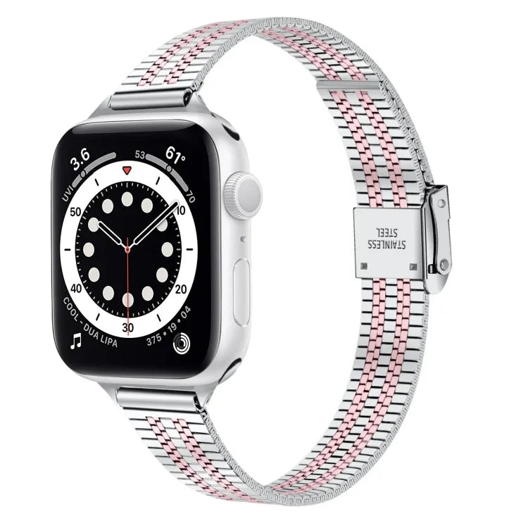 14mm 七粒ダブルセーフティバックルスリムスチール交換用ストラップウォッチバンド、Apple Watch Series 7 41mm / 6 & SE & 5 & 4 40mm / 3 & 2 & 1 38mm、7 45mm / 6 & SE & 5 & 4 44mm / 3 & 2 & 1 42mm用