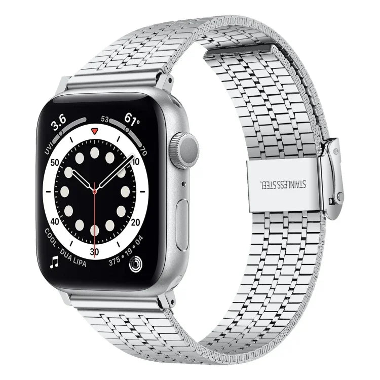 七粒ダブルセーフティバックルスチール交換用ストラップウォッチバンド、Apple Watch Series 7 41mm / 6 & SE & 5 & 4 40mm / 3 & 2 & 1 38mm、7 45mm / 6 & SE & 5 & 4 44mm / 3 & 2 & 1 42mm用