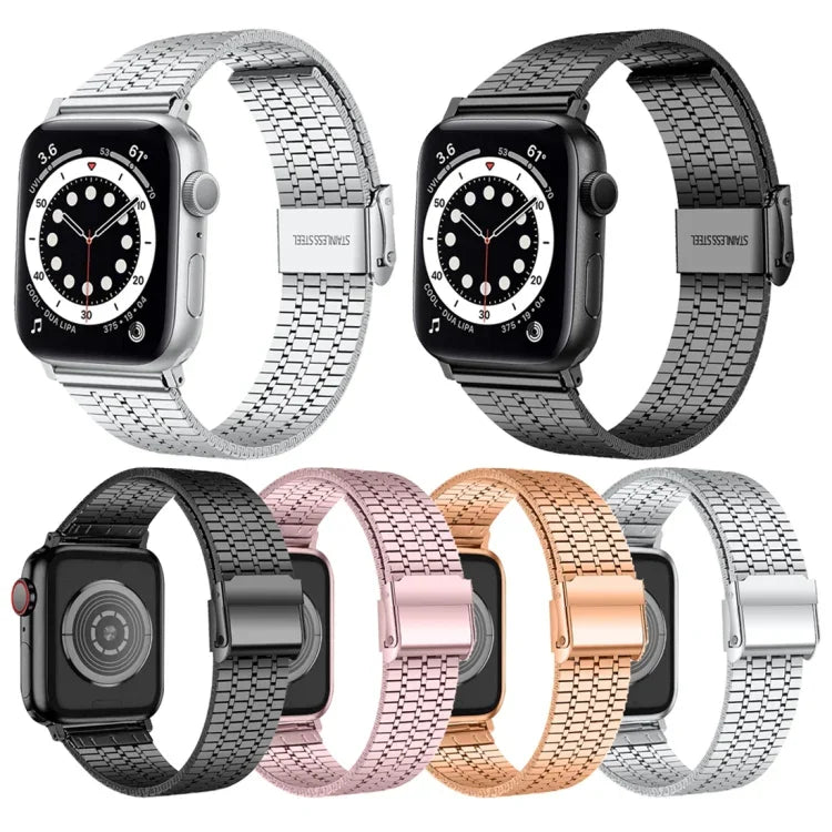 七粒ダブルセーフティバックルスチール交換用ストラップウォッチバンド、Apple Watch Series 7 41mm / 6 & SE & 5 & 4 40mm / 3 & 2 & 1 38mm、7 45mm / 6 & SE & 5 & 4 44mm / 3 & 2 & 1 42mm用