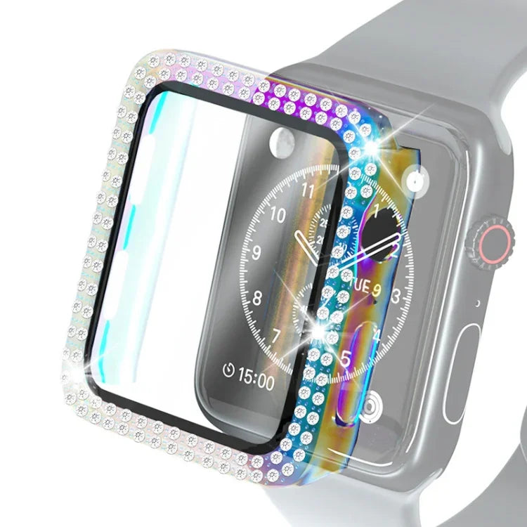 電気めっきPC二重列ダイヤモンド保護ケース 強化ガラスフィルム付き Apple Watchシリーズ用、3 & 2 & 1 38mm、3 & 2 & 1 42mm