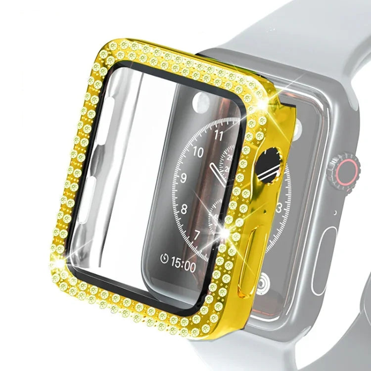 電気めっきPC二重列ダイヤモンド保護ケース 強化ガラスフィルム付き Apple Watchシリーズ用、3 & 2 & 1 38mm、3 & 2 & 1 42mm