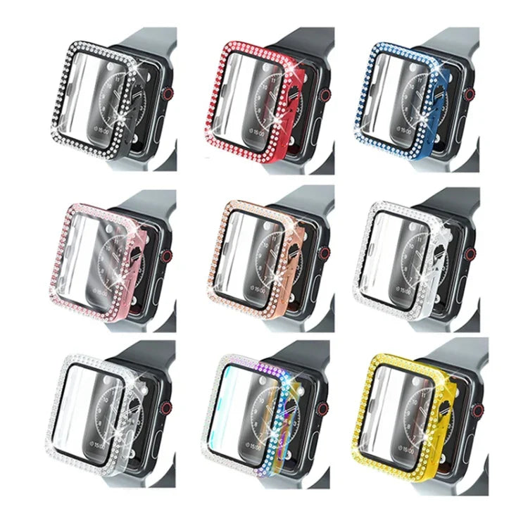 電気めっきPC二重列ダイヤモンド保護ケース 強化ガラスフィルム付き Apple Watchシリーズ用、3 & 2 & 1 38mm、3 & 2 & 1 42mm