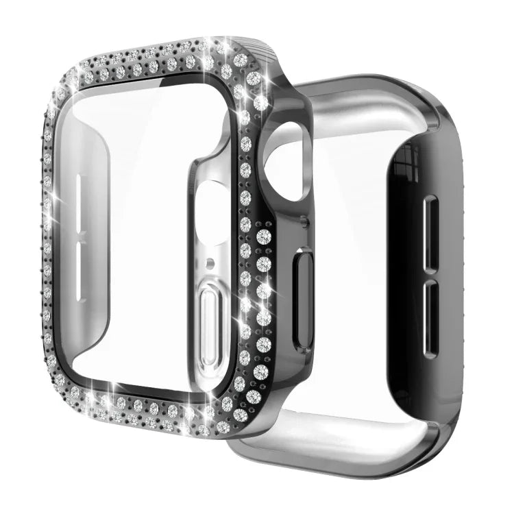 電気めっきPC二重列ダイヤモンド保護ケース 強化ガラスフィルム付き Apple Watchシリーズ用、3 & 2 & 1 38mm、3 & 2 & 1 42mm