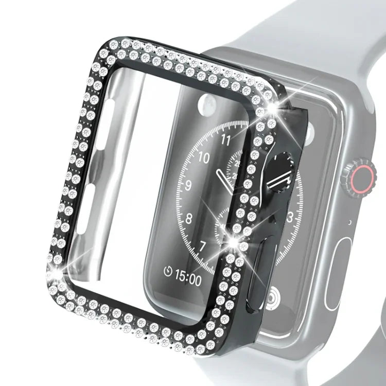 電気めっきPC二重列ダイヤモンド保護ケース 強化ガラスフィルム付き Apple Watchシリーズ用、3 & 2 & 1 38mm、3 & 2 & 1 42mm