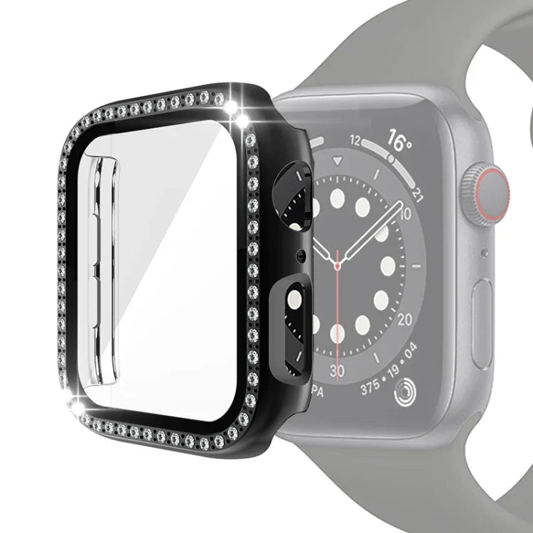 電気めっきPC単列ダイヤモンド保護ケース 強化ガラスフィルム付き Apple Watchシリーズ用、3 & 2 & 1 38mm、3 & 2 & 1 42mm