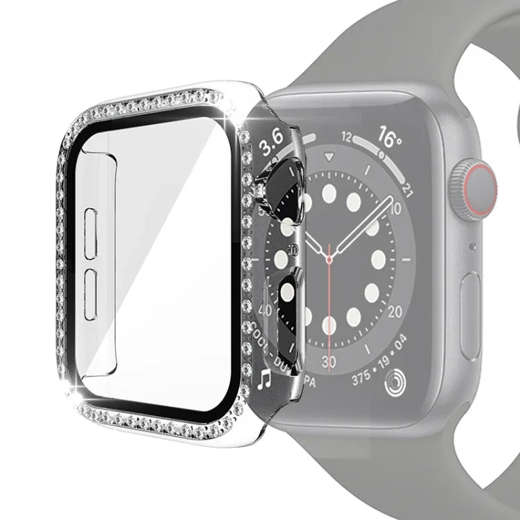 電気めっきPC単列ダイヤモンド保護ケース 強化ガラスフィルム付き Apple Watchシリーズ用、3 & 2 & 1 38mm、3 & 2 & 1 42mm