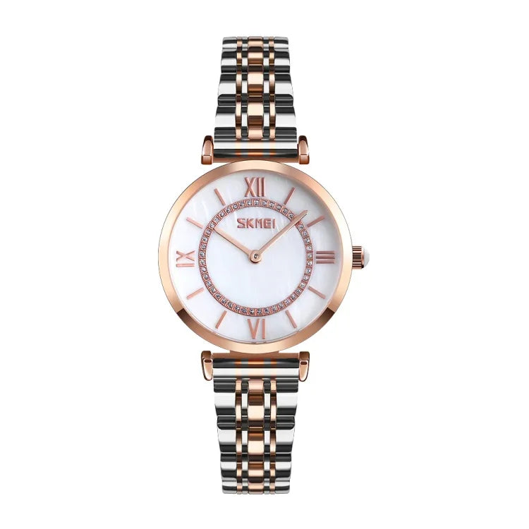 SKMEI 9198 Simple Roman Numeral Dial Metal Belt Quartz Watch for Couples
