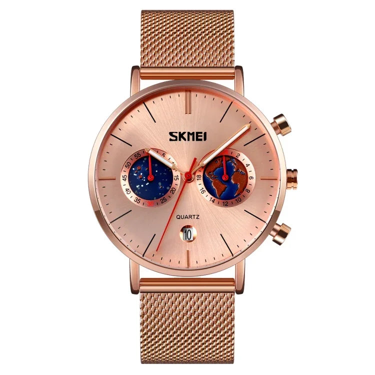 SKMEI 9231 Men Map Pattern Calendar Stopwatch Stainless Steel Strap Quartz Watch