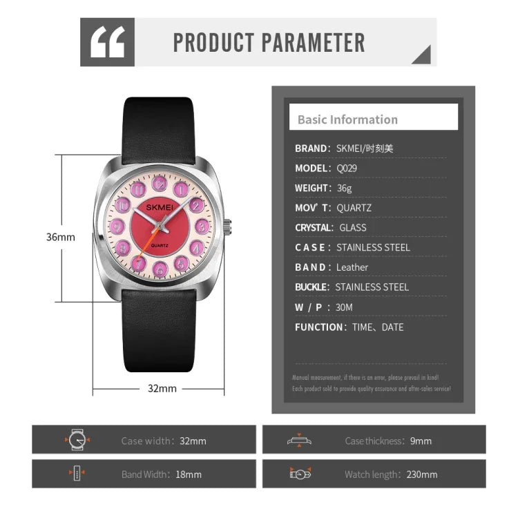 SKMEI Q029 Ladies Phone Number Pattern Dial Leather Strap Quartz Watch
