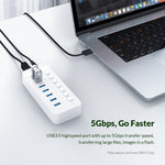 ORICO CT2U3-7AB-WH 7イン1 プラスチックストライプ多ポートUSBハブ、個別スイッチ付き、CT2U3-7AB-BK UKプラグ、CT2U3-7AB-WH UKプラグ、CT2U3-7AB-BK EUプラグ、CT2U3-7AB-WH EUプラグ、CT2U3-7AB-BK AUプラグ、CT2U3-7AB-WH AUプラグ